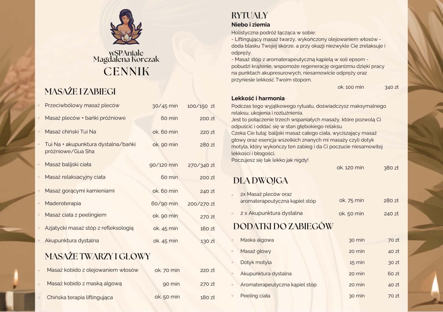 Cennik wSPAniale – masaże i zabiegi, masaże twarzy i głowy, rytuały, zabiegi dla dwojga i dodatki z czasem trwania i cenami